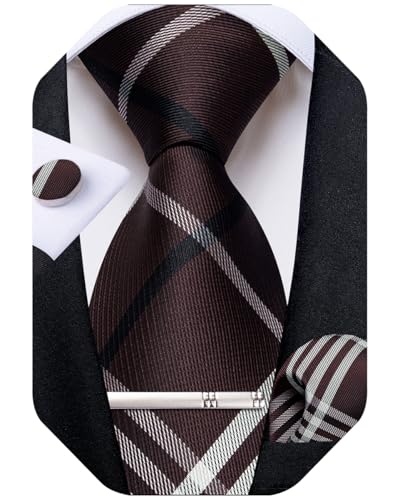 Image of DiBanGu Plaid Ties for Men Silk Checkered Necktie and Pocket Square Cufflinks Tie Clip Set with Gift Box for Wedding Business