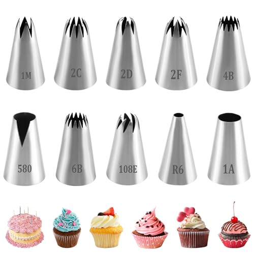10pcs Douilles Pâtisserie Grandes Inox Professionnelles, Embouts Poche à Douille, 10 Formes Différentes, Accessoires Décoration Gâteaux Cupcakes Biscuits...