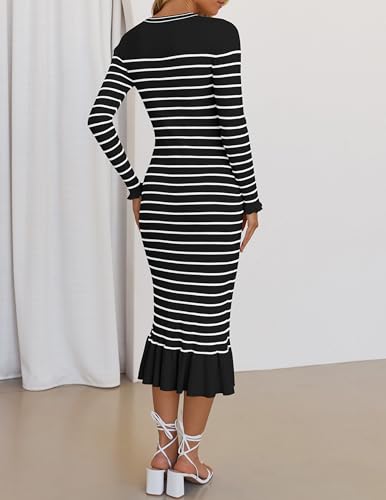 ZESICA Women's Striped Sweater Dress 2025 Spring Long Sleeve V Neck Button Elegant Slim Fit Bodycon Knit Dresses - Image 4