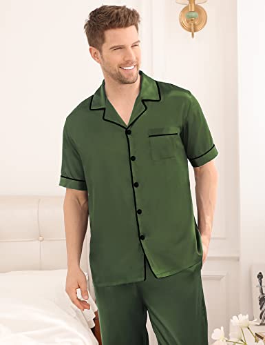 Image of SWOMOG Mens Satin Pajama Set Short Sleeve Classic Sleepwear Button Down Silky Loungewear with Long Pants