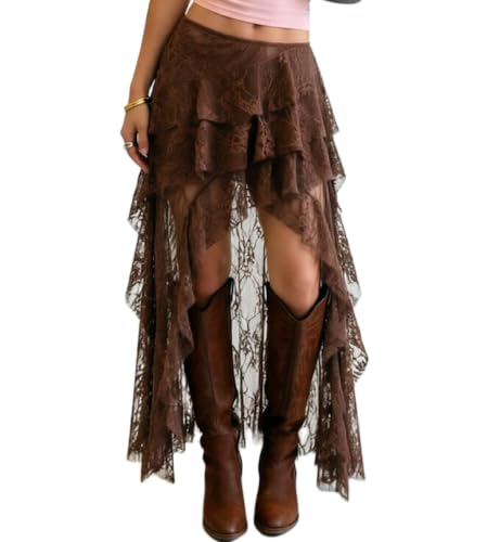 Women's Boho Lace Long Layered Ruffle Y2k Sheer Mesh Maxi Skirts Brown