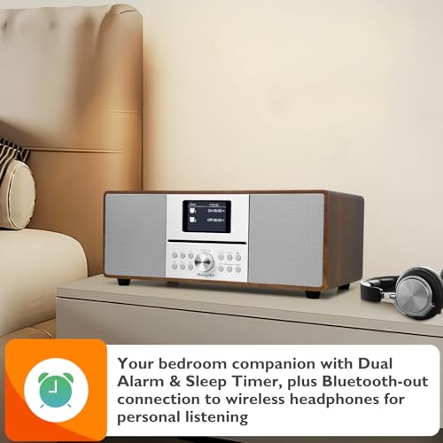 MangoKit MS4+ CD Player DAB Radio HiFi System I Bluetooth I Stereoanlage Kompaktanlage I Akustisches Holzgehäuse I CD Player mit Lautsprechern I 40 Presets,Kopfhöreranschluss I Walnuss