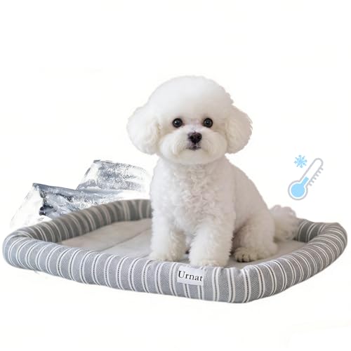 Urnat Cat/Dog Cooling Bed Mat, Portable Summer Chill Non-Slip Washable Pet Pad Breathable Sleeping Cushion for Indoor Kittens Small Puppies (Grey,L)