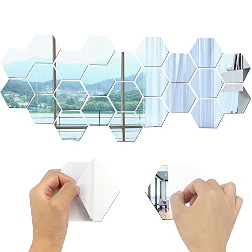 SHUIYUE 24 Pcs Hexagon Acrylic Wall Mirror Sticker, Hexagon Mirror Wall Stickers, for Walls for Living Room Bedroom