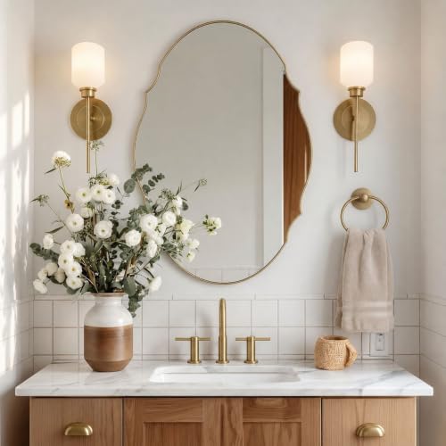 Image of ANDY STAR 22x30 Brushed Gold Scalloped Oval Bathroom Vanity Mirror