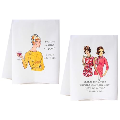 cora & pate Wine & Wit Kitchen Towel Set – “Wine Stopper” & “I Mean Wine” Funny Flour Sack Towels