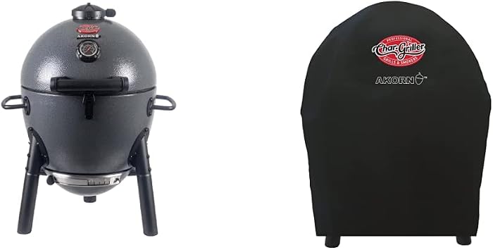Char-Griller E86714 AKORN Jr. Kamado, Ash Portable Charcoal Grill and Char-Griller 6659 AKORN Jr. Portable Kamado Charcoal Grill Cover, Black