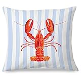 Exqcom Coastal Lobster Pillow Covers, New England Nautical Red Lobster Blue White Stripes Throw Pillow Covers for Beach House Summer Home, Preppy Beach Room Decor, Easter Coast Seafood Decor