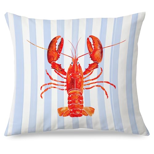 Exqcom Coastal Lobster Pillow Covers, New England Nautical Red Lobster Blue White Stripes Throw Pillow Covers for Beach House Summer Home, Preppy Beach Room Decor, Easter Coast Seafood Decor