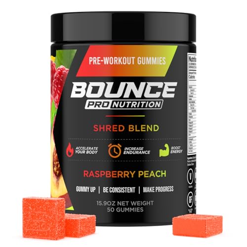 Bounce Pro Shred Blend Pre Workout Gummies – Raspberry Peach – 50 Vegan Gummies with Caffeine, Ashwagandha & L-Theanine for Energy, Focus & Endurance (50 Count (Pack of 1), Raspberry Peach)
