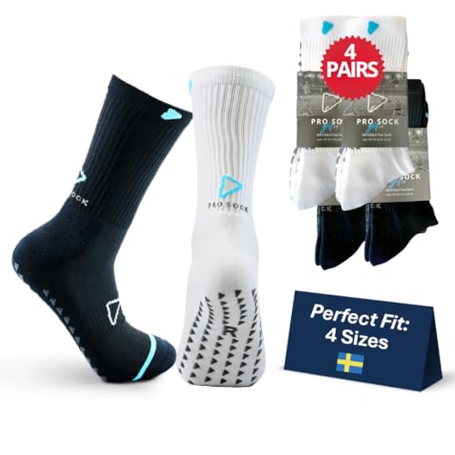 Soccer Grip Socks Soccer Socks, Non Slip Socks, 4-Pack Crew Grip Socks, Football Socks Men, Ankle Support Socks, Tennis Golf Socks, Rugby Socks Basketball Socks, White & Black, 6-8
