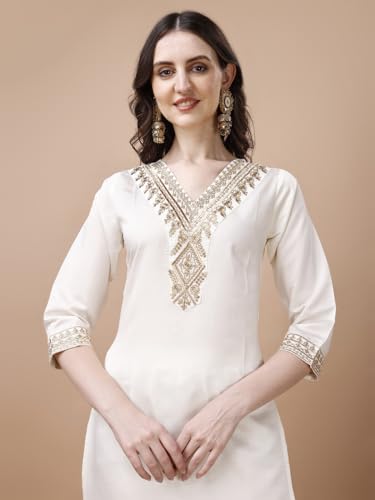 Image of Pratham Blue Kurta Set for Women Silk Embroidered Straight Kurta Set for Women with Palazzos and Dupatta