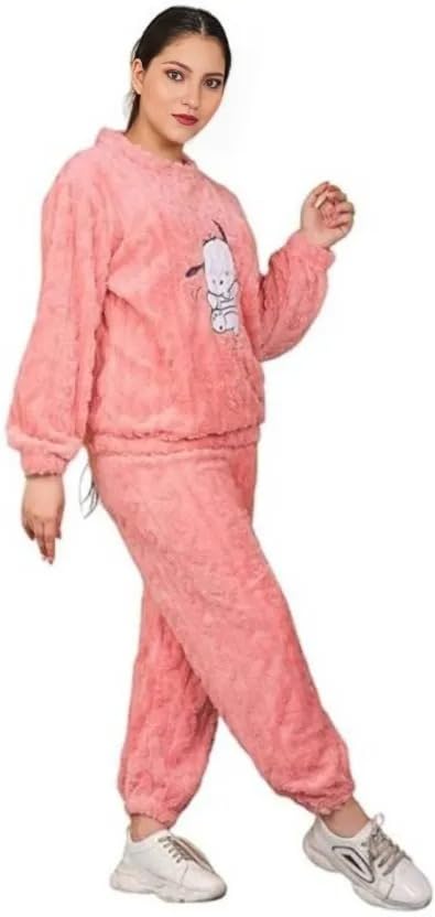 Image of Women's Fur Long Sleeve Nightsuit | Regular Fit Warm Top and Pyjama Set | Winter Wear Sweatpant Set for Women