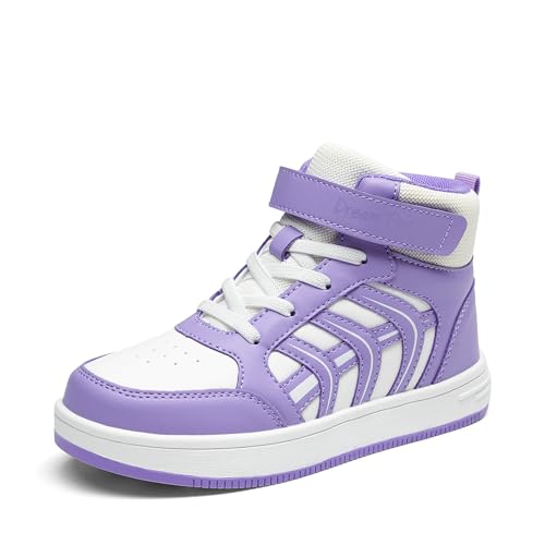 DREAM PAIRS Boys Girls Sneaker High Top Basketball Shoes Kids LilLegends JuniorFly Jumpers Sports Shoes for Athletic School Gym,Size 4 Big Kid,White/Purple,SDFS2422K