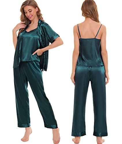 Image of SWOMOG Womens Silk Satin Pajamas Sets 4pcs Sleepwear Sexy Cami Shorts Set and Button Down Short Sleeve Pjs Loungewear