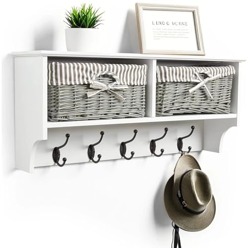 Taylor & Brown Wall Mounted Coat Rack White Shelf with 2 Grey Wicker Baskets & 5 Double Hooks Hallway Storage & Entryway Organiser for Coats Bags & Scarves