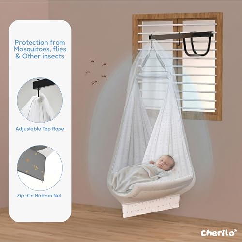 Image of Cherilo Baby Swing Cradle(Jhula) with Mosquito Net, Spring Hanger & Metal Window Cradle Stand - White Abstract - Full Set