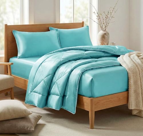 Image of SANMARINO 300 TC Satin Silk AC Comforter Set King Size Double Bed with 1 Fltted bedsheet & Two King Pillow Covers, 4 Pieces Bedding Set (90x100 inch & 72x78 inch, Light Blue)