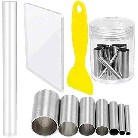Homgaty 10-in-1 Clay Cutters and Acrylic Clay Roller Set, 7Pcs Indentation Round Circle Shape Cutters Stainless Steel Cutter Punch Mold,1pcs Acrylic Backing Board,Clay Scrapers for Clay Pottery Craft Cover