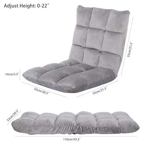 Indoor Folding Floor Chair with Back Support, Lazy Sofa Floor Gaming Chair Reclining Lounge Cushion with 5 Position Adjustable Backrest for Video, Game, TV Watching, Reading (Gray)