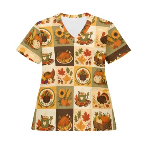 JoyLamoria Stretch V-Neck Nursing Scrubs Top Thanksgiving Plaid Turkey Shirts Moisture-Wicking & Odor-Control Durable Medical Uniform for Hospitals & Clinics