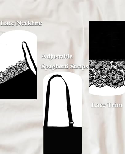 Image of Slip for Women Under Dress Satin Silky Sleepwear Lace Trim V Neck Adjustable Spaghetti Straps Nightgown Cooling Feel