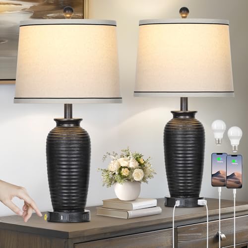 KINNARY 25" Farmhouse Jar Table Lamps Set of 2, Bedside Lamps with USB A+C Ports & AC Outlet, Black Lamp, Nightstand Lamps for Bedroom Living Room (2 LED Bulbs)