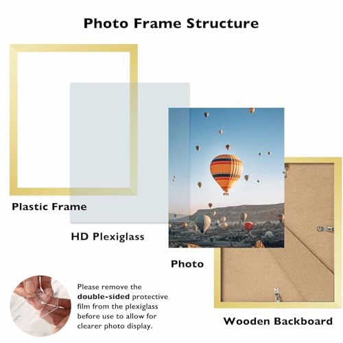 Image of JCJMY 8x9 Picture Frame Gold for Wall Hanging or Tabletop, Wall Mounting Horizontally or Vertically, 8 x 9 Wall Gallery Poster Photo Frame with Shatter Resistant Plastic Plexiglass, Gold