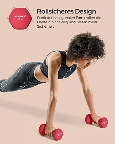 Foto von SONGMICS 2 x 4 kg Hanteln, sechseckige Hanteln mit Vinyloberfläche, für Fitness, Training, Fitnessstudio, Zuhause, Rubinrot, SYL908R01