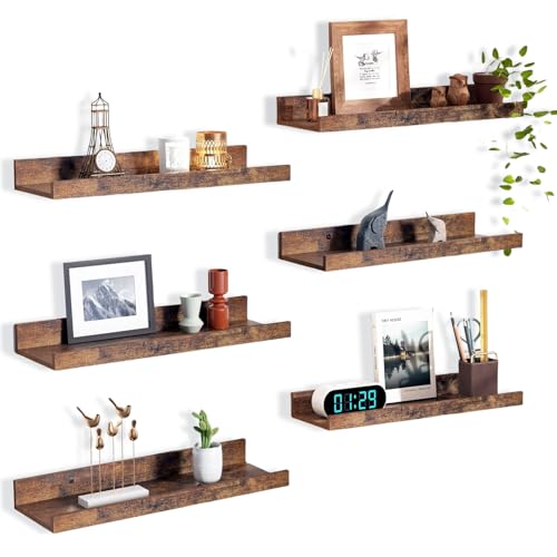 Wonninek 6Pcs Brown Floating Shelves for Wall, 40cm Wooden Wall Mounted Shelves for Room Decor, Storage Shelf for Bathroom, Bedroom, Living Room, Kitchen - Free Style