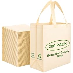 Simply Cool 200 Pack Reusable Grocery Bags, Large Tote Bags Bulk, Cream | 14.5