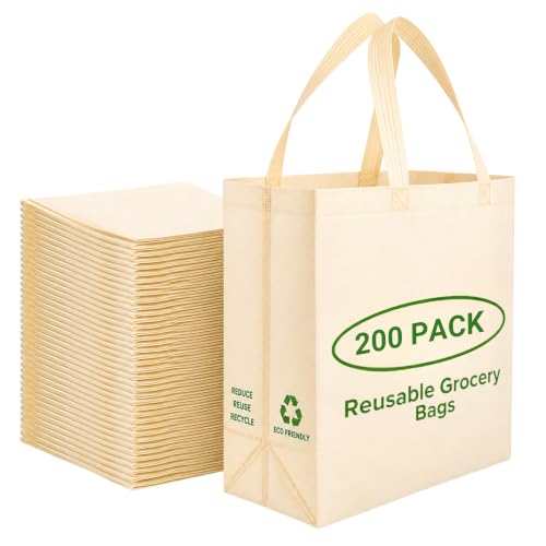 Simply Cool 200 Pack Reusable Grocery Bags, Large Tote Bags Bulk, Cream