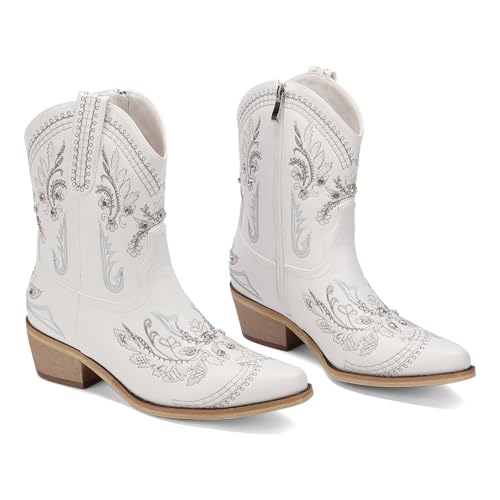 Image of Rhinestone Ankle Cowboy Boots for Women Embroidered Short Cowgirl Boots with Low Heel Side Zipper Comfortable Chunky Heel Western Booties for Prom Party Wedding Pull On Shoes