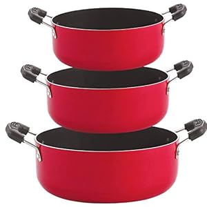 NIRLON Aluminium Non-Stick Casserole Set of 3 (Red and Black)