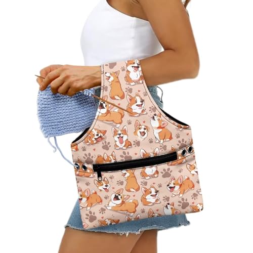 Image of KUIFORTI Dog Yarn Bag Crochet Bag Cute Corgi Yarn Project Bag Knitting Bag Lightweight Kniting Wrist Bag Small Size