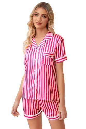 Image of Schbbbta Women Pajamas Set, 2 Pieces Satin Silk Button Down Pjs Short Sleeve Outfits Loungewear
