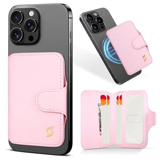 Samgg Magnetic Stick on Phone Wallet Card Holder for Magsafe Phones and Cases, 5 Slots Fit 7 Cards, ID Window, RFID Blocking, Luxury Slim Flip Leather Mag Safe Wallet for iPhone for Women, Pastel Pink