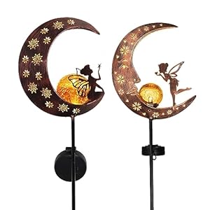 Teresas collections 2pcs fairy moon lights solar for garden decor outside metal yard art lawn ornaments with crackle glass ball angel decorative stake for patio porch decor gifts for grandma mom  urban country home decor