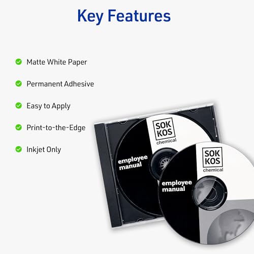 Image of Avery Printable CD Labels, Matte White, Permanent Adhesive, Inkjet Printer Compatible, 100 Disc & 200 Spine Labels, Ideal for CDs, DVDs, PC Discs, Media Projects (8691) (Pack of 5)
