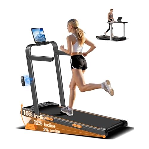 LONTEK Walking Pad Klappbar mit Steigung 10KM/H, 16% Laufband für Zuhause Klappbar mit Steigung, LED Anzeige, Fernbedienun, Laufbänder mit Handläufen, 3.0 HP Treadmill for Home, Belastung 159 KG