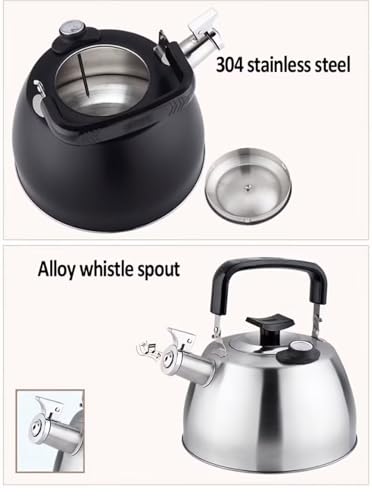 Hervidor de silbato con termómetro, acero inoxidable 304, hervidor de sonido de 3,5 L para estufa de gas y camping, parte inferior de 5 capas, pantalla de temperatura del agua