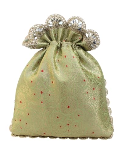 Image of MILAN'S CREATION Pure Banarasi Potli Silk Brocade Bag Purse Drawstring Women's handbag with Pearl Handle & Tassel Weddings
