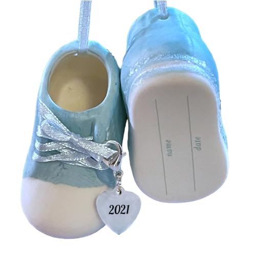 Baby Boy Personalized Ornament Shoes Blue Dated 2021 for New Parents, Birth, Baby Shower, Christmas, Hanging Home Décor | Presented in a White Gift Box
