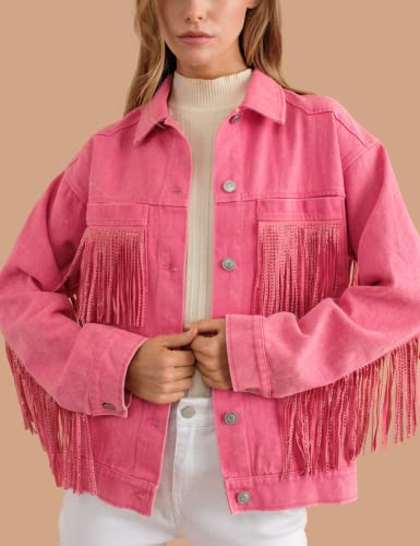 Himythe Women's Rhinestone Fringe Denim Jacket Long Sleeve Casual Tassel Jean Jacket Coat(0335-Red-Xl) #TOP4