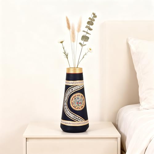 Image of Aakriti Art Creations Ethnic Elegance Vessel | Handcrafted Terracotta Warli Art Vase | Matte Finish Black Decorative Vase for Living Room Decor, Table Decor, Shelf Decor & Gifting
