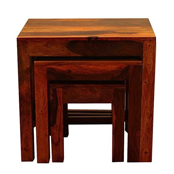 Image of Sheesham Wood Nesting Table Set of 3 Stools for Living Room (Natural Teak Finish)