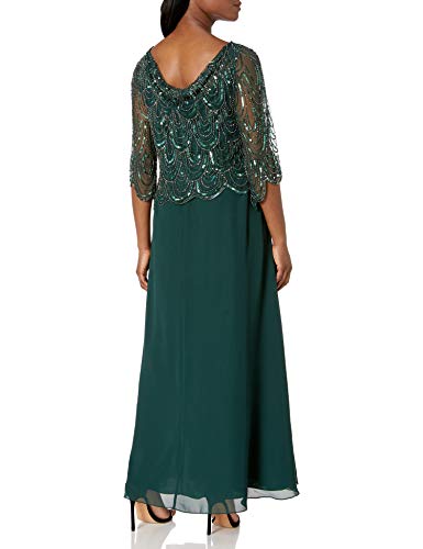 J Kara Women's Petite Petite 3/4 Scallop Beaded Pop Over Gown Dress, Hunter/Mercury/Gun, 10P
