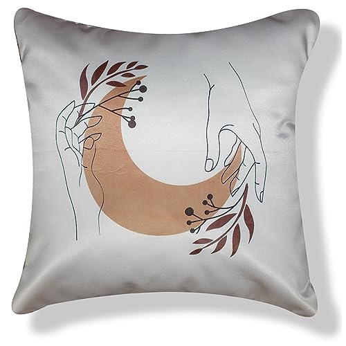 Image of Decorative Satin Sofa Cushion Covers Set of 5, 16 inch x 16 inch, Sofa Cushion Pillow Cover, Brown and White, Tea Time Design, Zipper Closure (Lunar, 16X16 Inches)