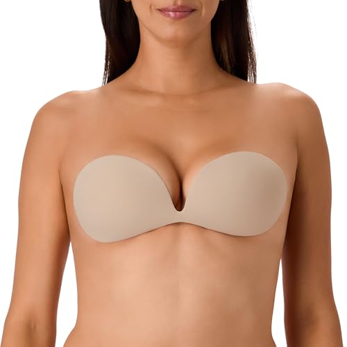 Image of Maidenform Women's Adhesive Bra, Invisible Reusable Sticky Bras for Women, Strapless, Sweat & Water Resistant, Almond, D