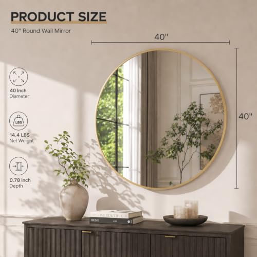 Image of Easly 40 Inch Round Mirror, Gold Metal Frame Wall Mirror for Bathroom | Aluminum Alloy Frame Wall Mirror with High-Definition Lense for Entryway, Living Room, Vanity, Bedroom
